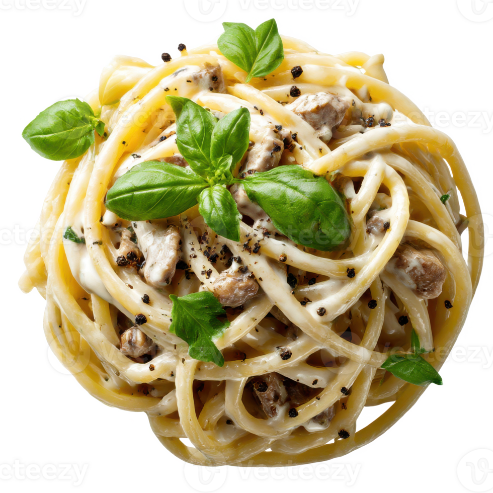 Delicious creamy pasta with basil and black pepper food photography on transparent background png