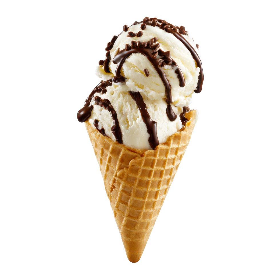 Vanilla ice cream cone dessert with chocolate topping food photography on transparent background png