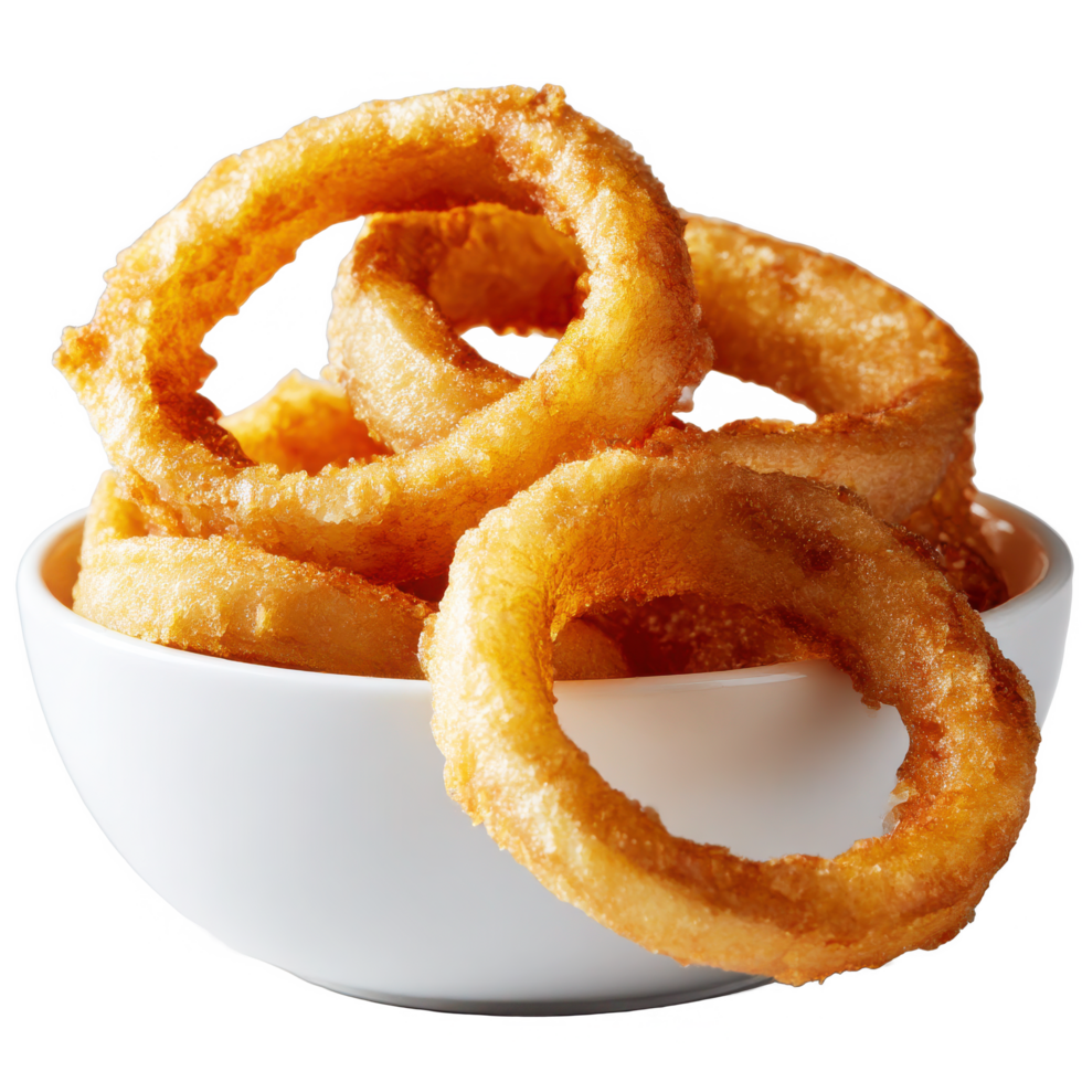 Crispy fried onion rings in white bowl appetizer snack food closeup on transparent background png