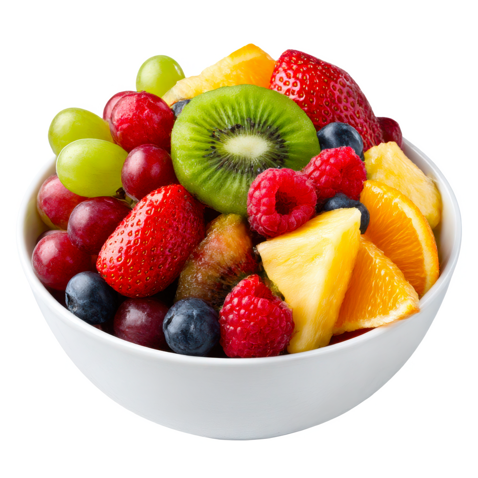 Delicious fruit salad bowl with mixed fresh fruits healthy eating food on transparent background png