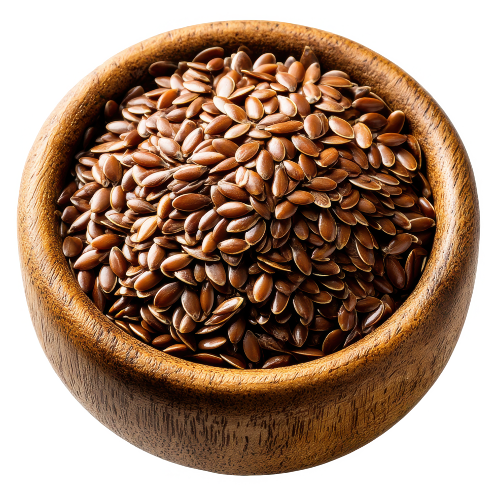 Bowl full of flaxseeds organic healthy food source close up overhead on transparent background png