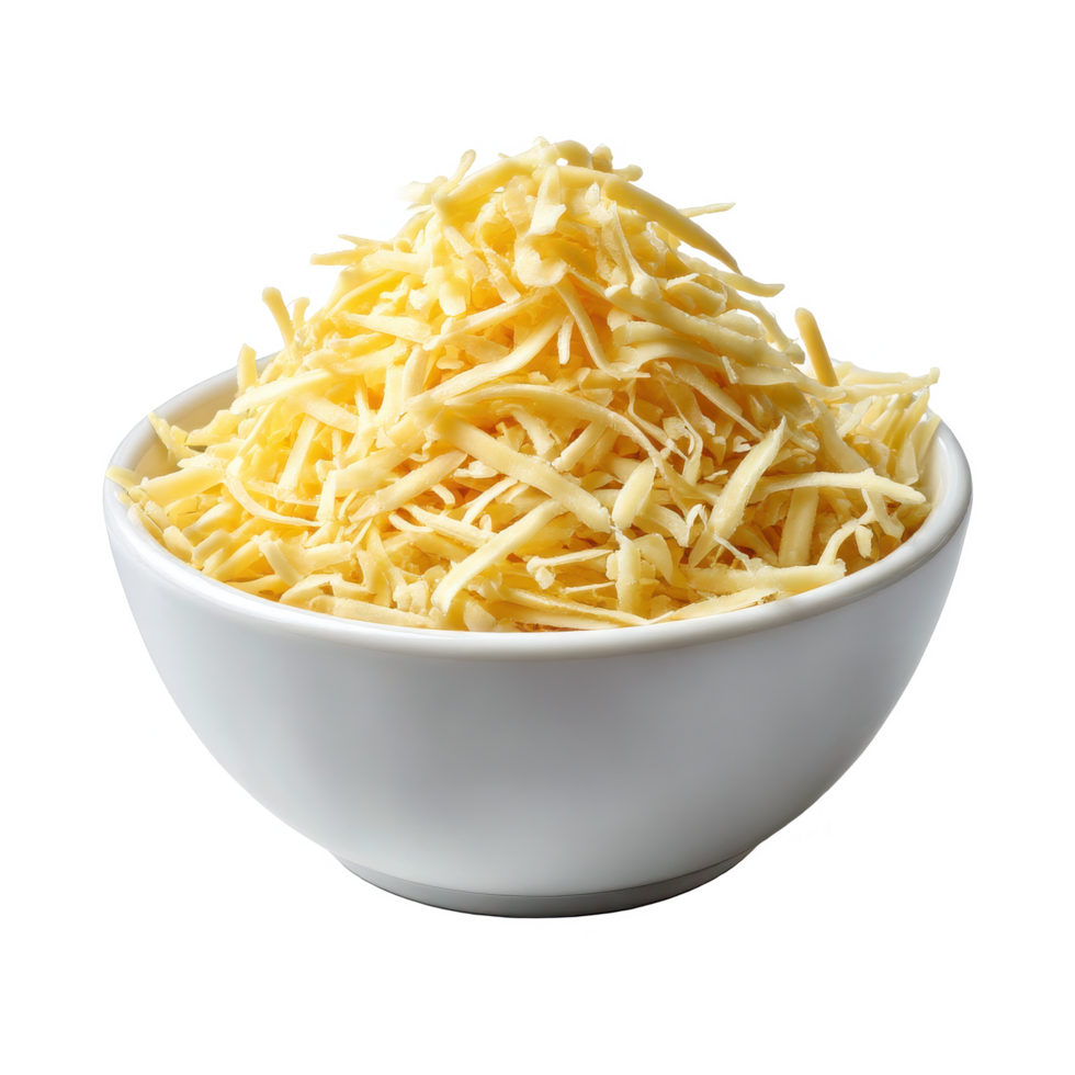 Shredded cheddar cheese in a bowl food photography cheese ingredient on transparent background png