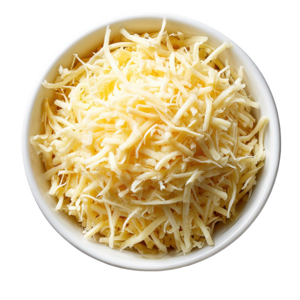 Delicious shredded cheese in bowl for cooking and food photography use on transparent background png