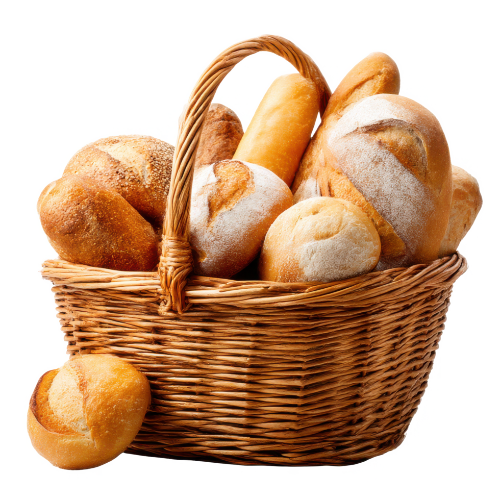 Fresh baked bread loaves and rolls in a woven basket food photography on transparent background png