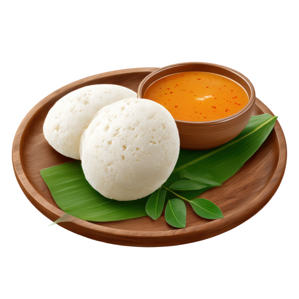 Two idlis with sambar and chutneys on wooden plate with green leaf png