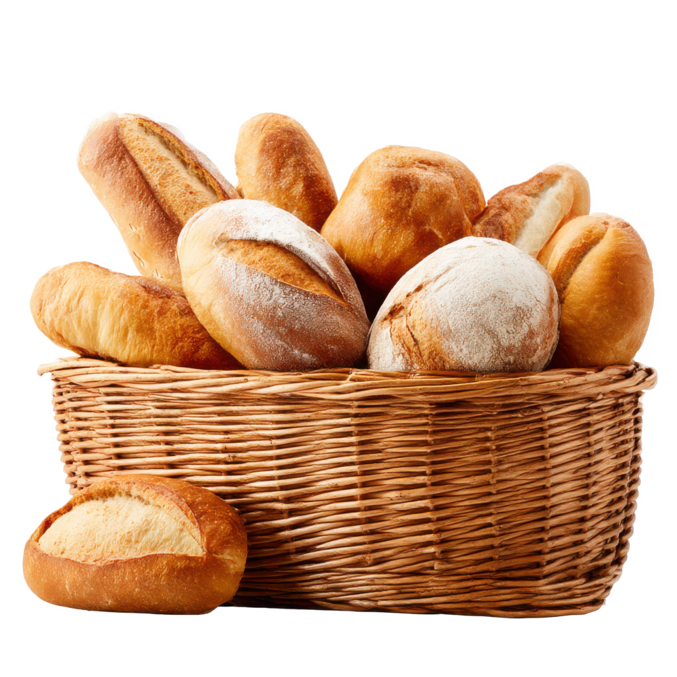Fresh baked bread in wicker basket bakery goods food photography on transparent background png