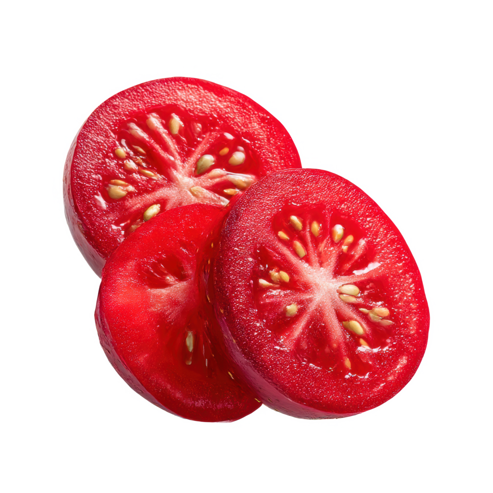 Fresh tomato slices close up vibrant color food photography isolated on transparent background png