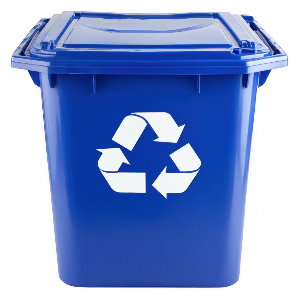 Blue recycling bin container for waste management and reuse on transparent background png