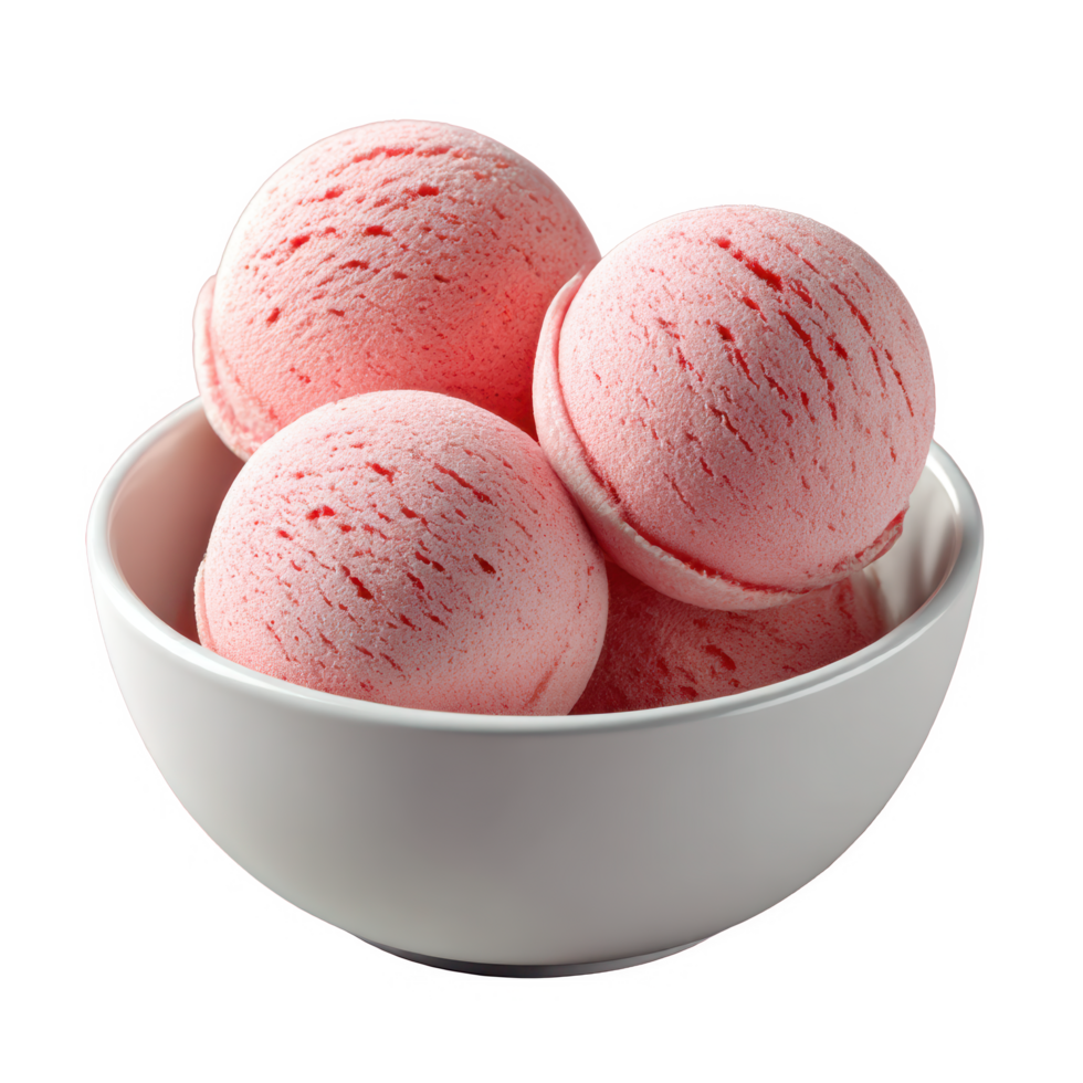 Delicious pink ice cream scoops in white bowl tasty frozen dessert treat on transparent background png