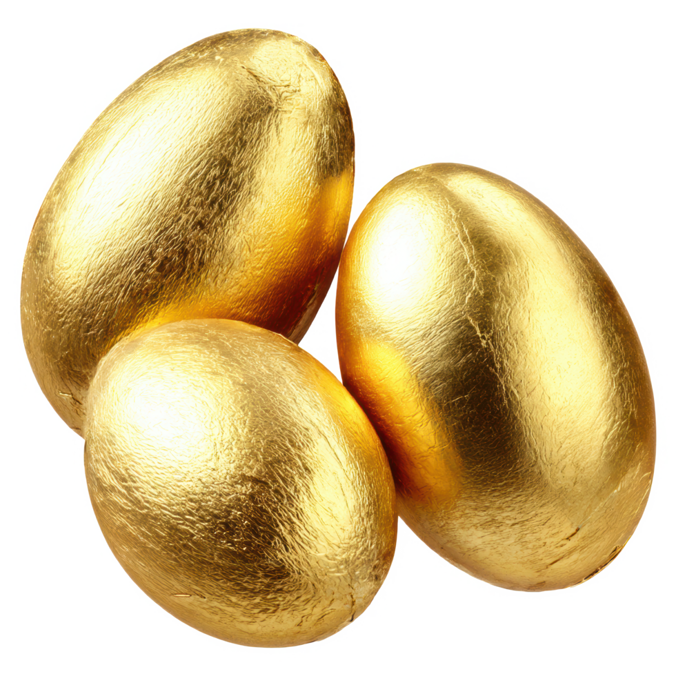 Golden easter eggs shiny metallic foil wrapped treasure hunt decoration on transparent background png