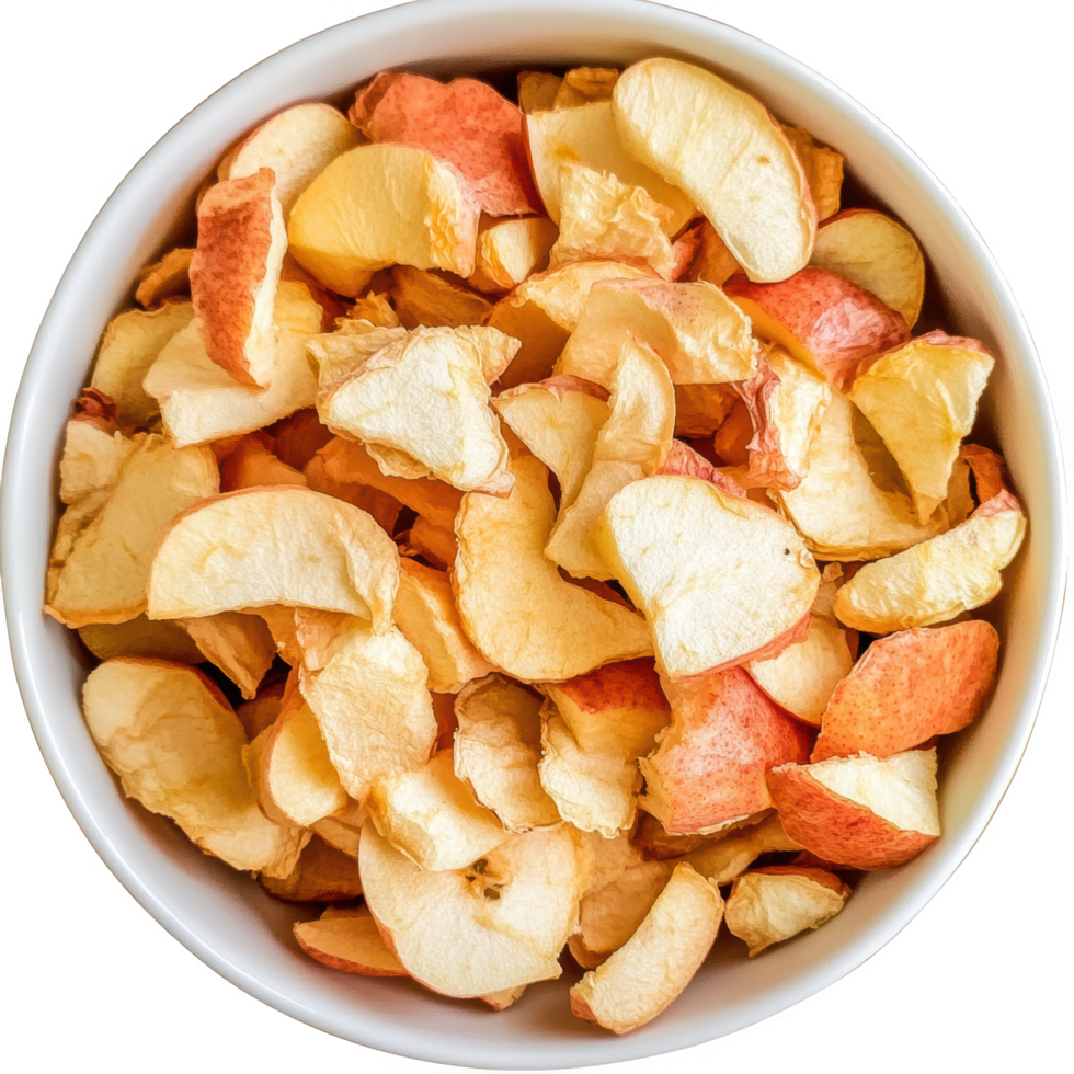 Dehydrated apple chips in bowl healthy snack food closeup on transparent background png