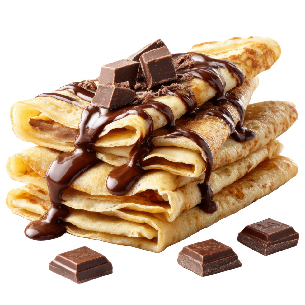 Delicious crepes with chocolate syrup and pieces for dessert food photo on transparent background png