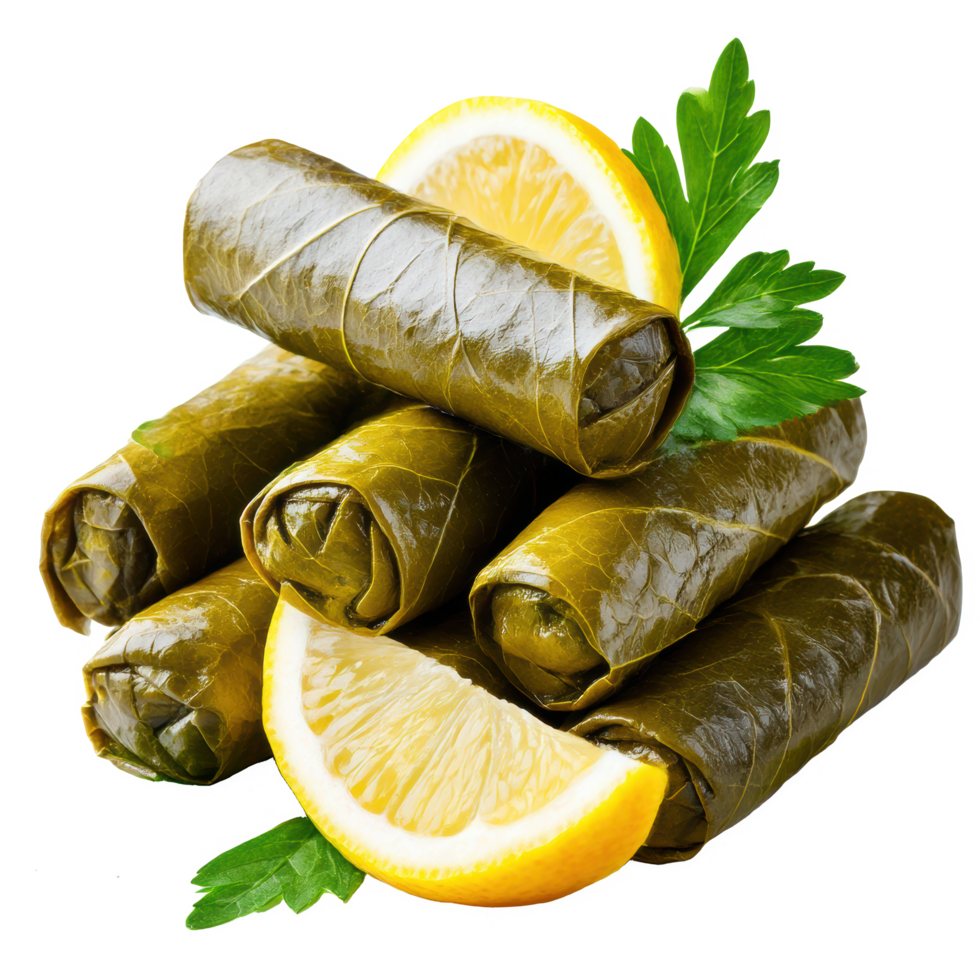 Delicious dolma grape leaves rolls with lemon food mediterranean cuisine on transparent background png