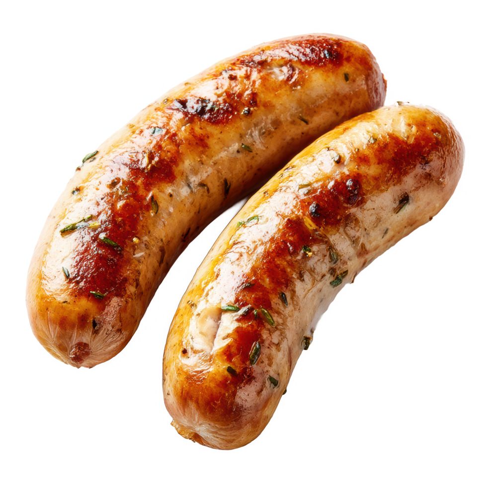 Delicious grilled sausages food photography for bbq and grilling recipe on transparent background png