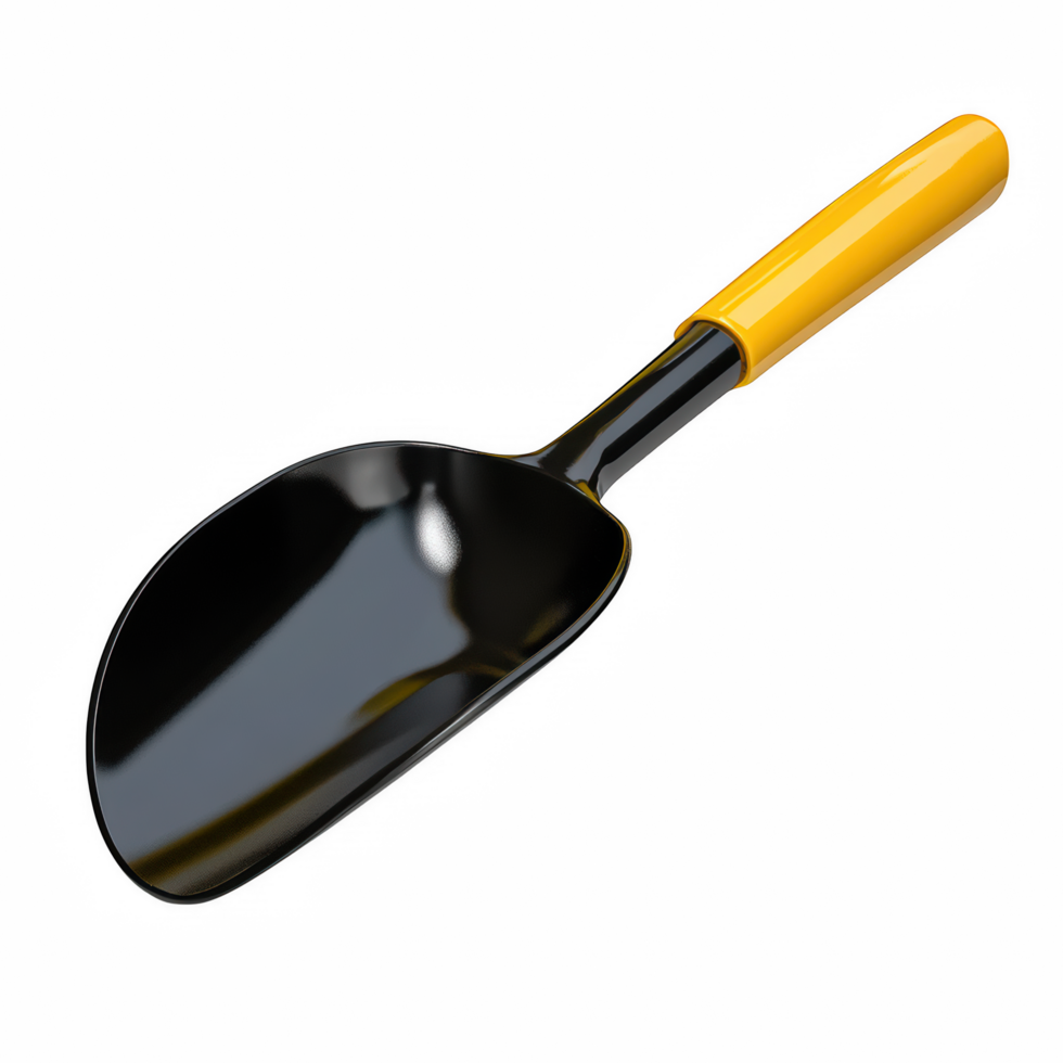 Metal scoop with yellow handle isolated against black space on transparent background png