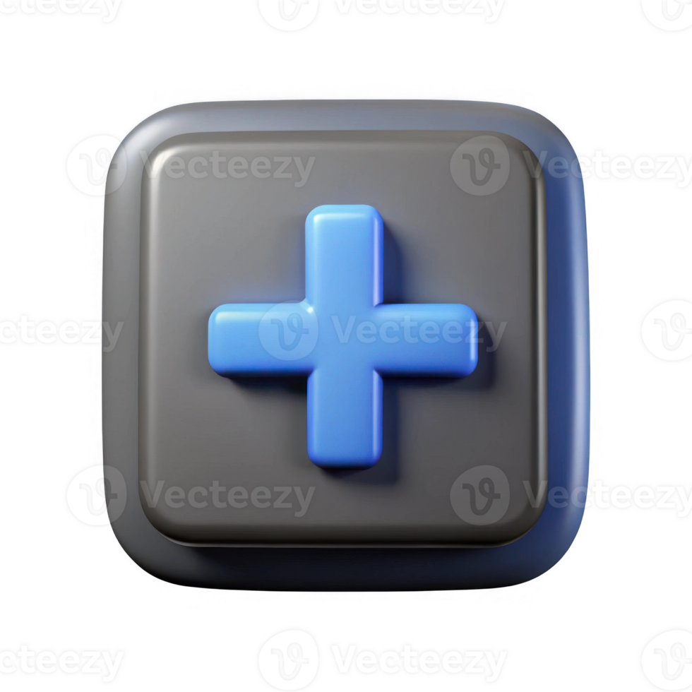3d render of a gray square button with a blue plus sign isolated on transparent background png