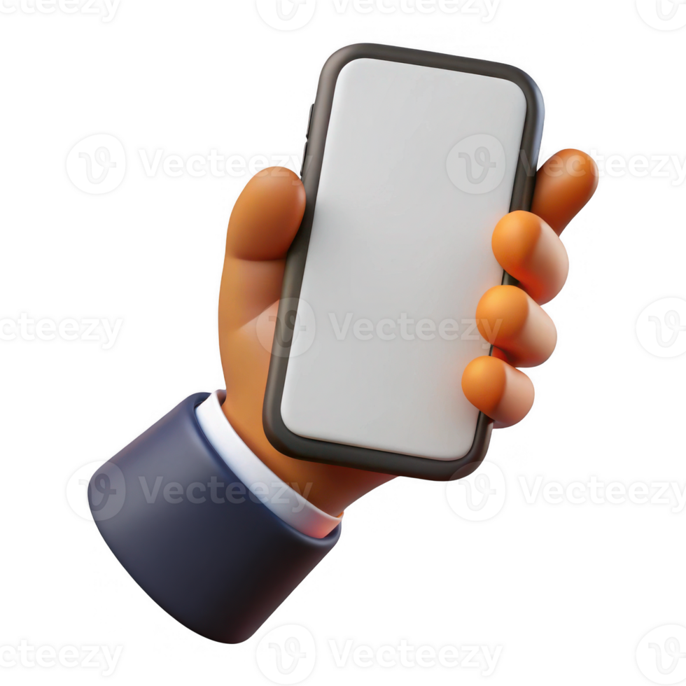 3d Cartoon brown hand holding smartphone mockup png
