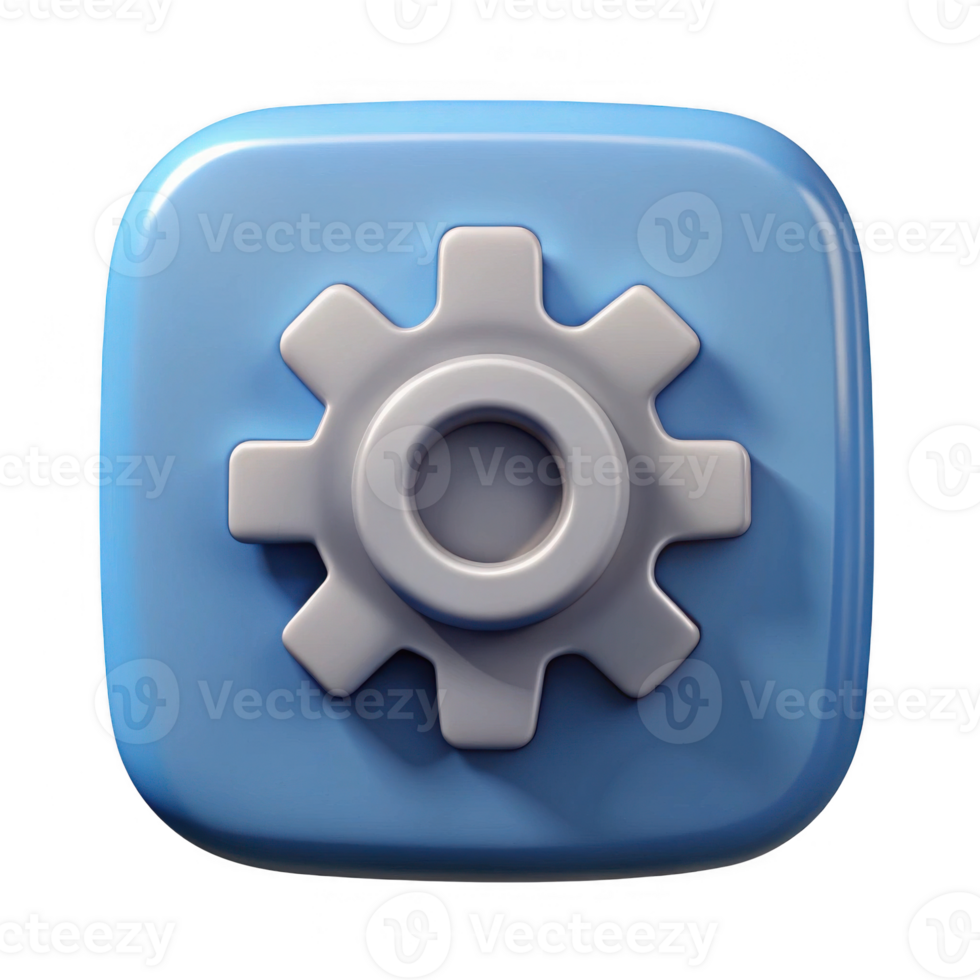 3d render of a gear icon on a blue square isolated on transparent background png