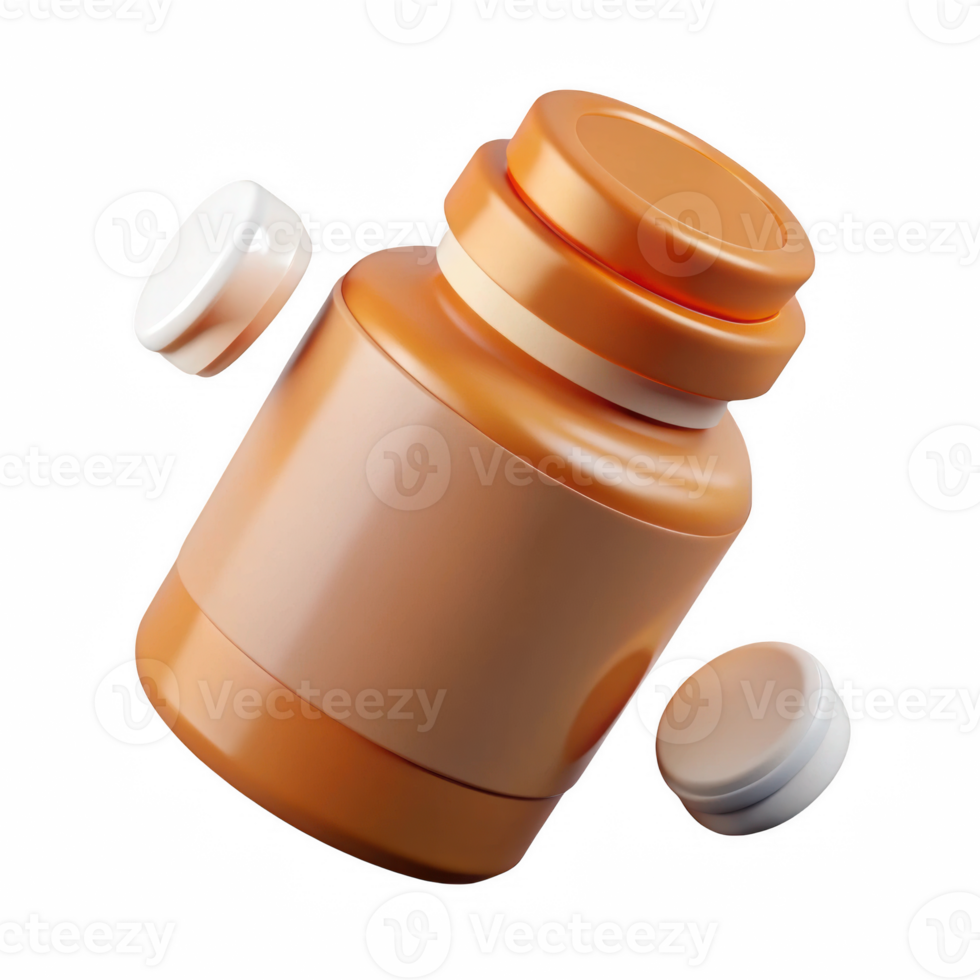 Orange supplement bottle with pills isolated on transparent background png
