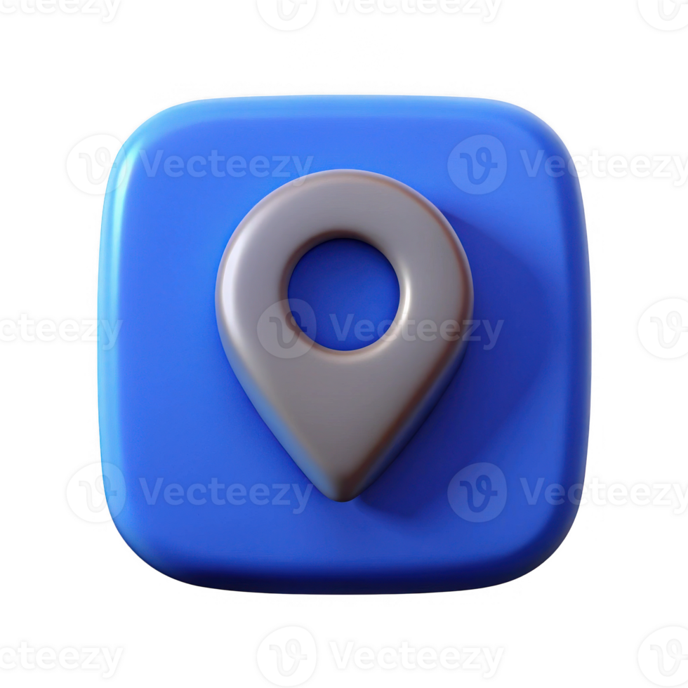 3d render of a metal location pin on blue square isolated on transparent background png