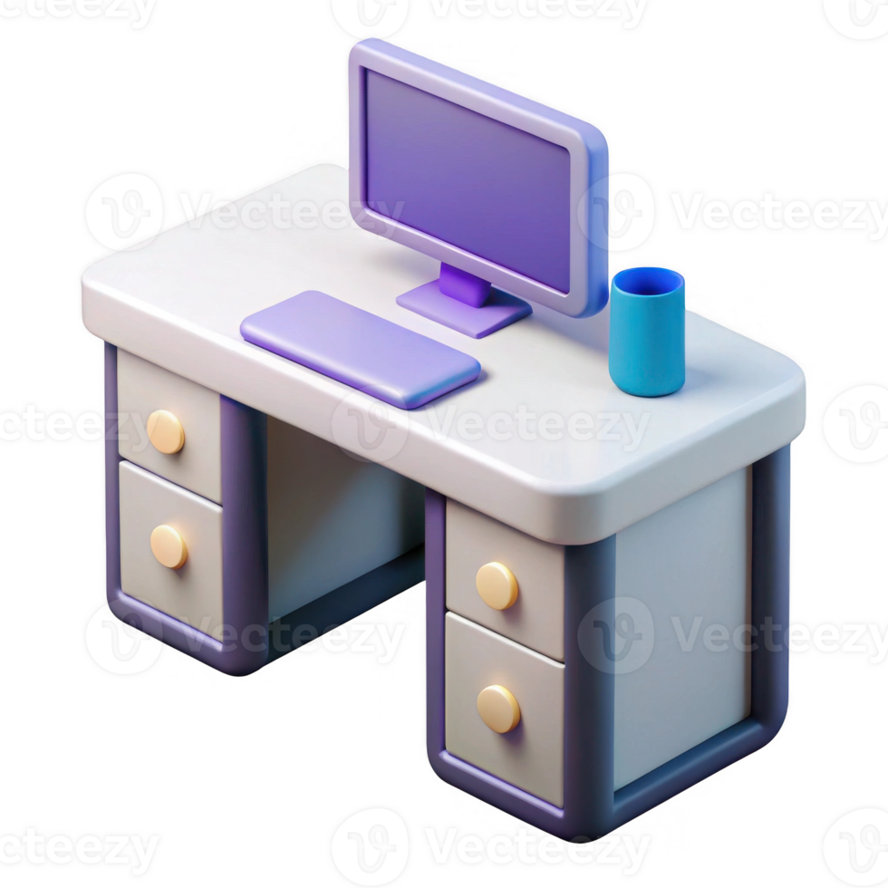 3d rendered desk with computer isolated on transparent background png