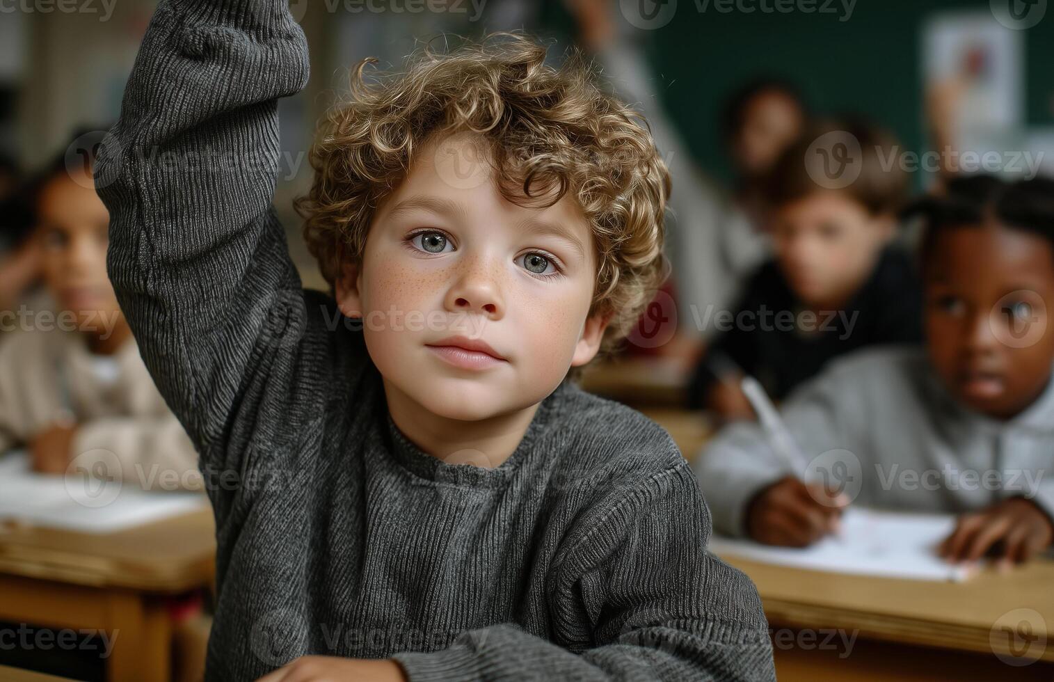 Child raising hand in classroom during homework session with attentive peers and teacher present photo