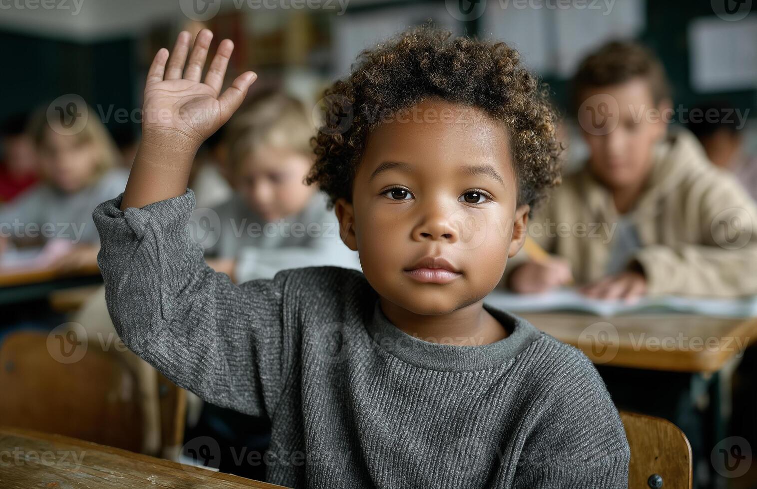 Child raises hand in a classroom filled with focused students and a teacher guiding their learning photo