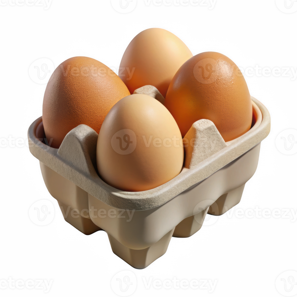 Four brown eggs in carton isolated on transparent background png