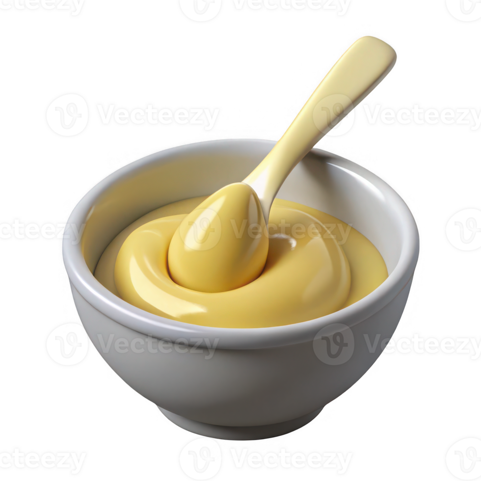Creamy custard in bowl with spoon isolated on transparent background png