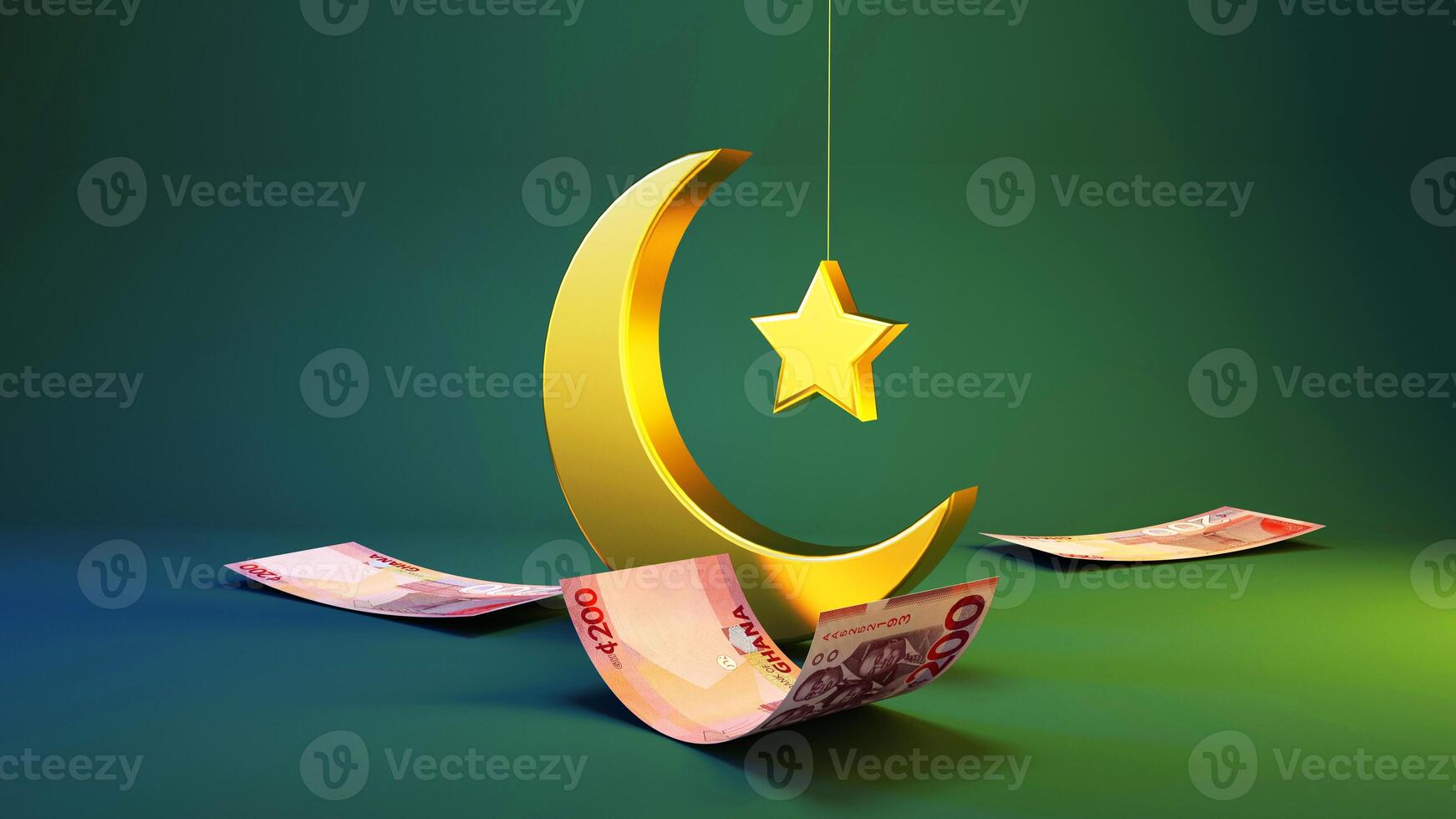 3D rendering of golden Crescent moon and star with string and Ghanaian cedi notes isolated on green background. Bank financial Eid wish post concept idea. Happy Ramadan Mubarak photo