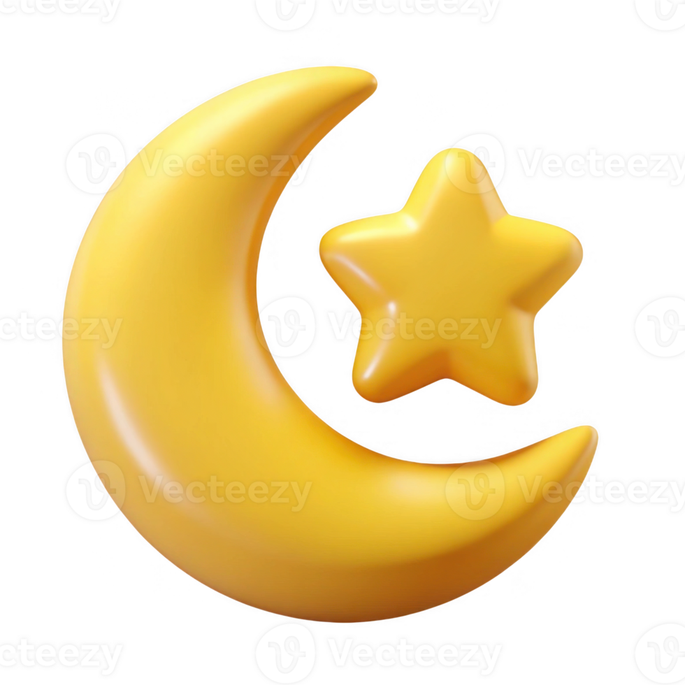3d render yellow moon and star isolated on transparent background png