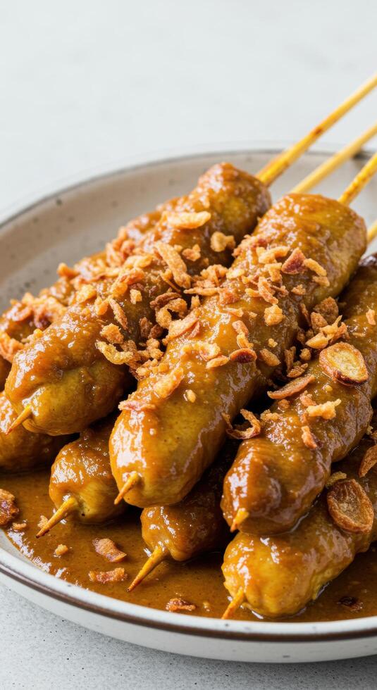 Delicious Indonesian Satay Skewers in Rich Peanut Sauce, Garnished with Crispy Fried Onions photo