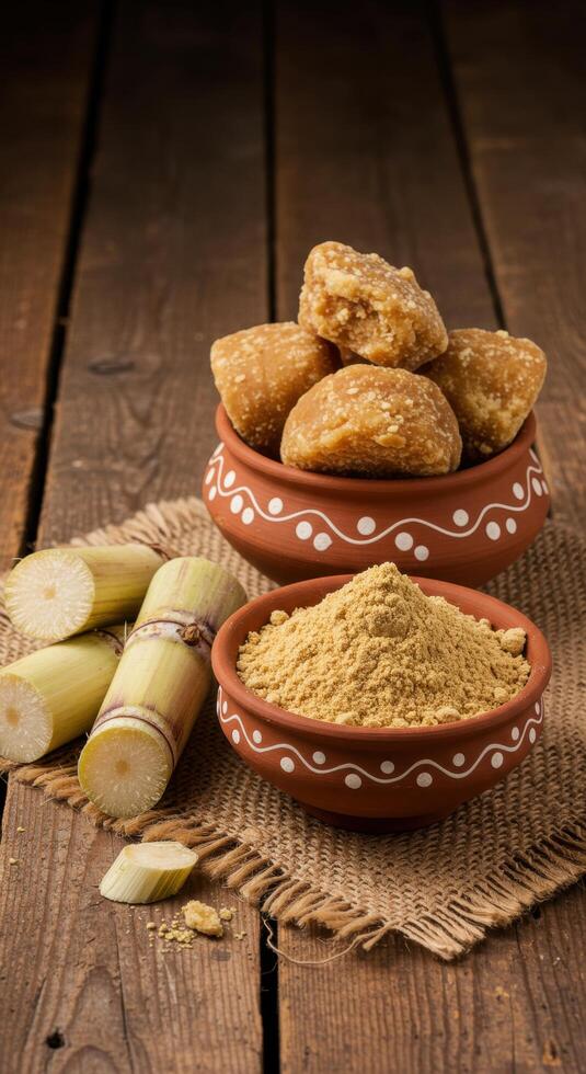 Jaggery Cubes and Powder with Sugarcane Stalks on Rustic Wooden Table photo