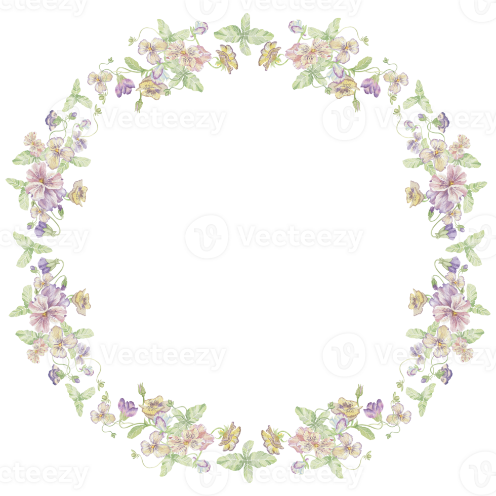 Round frame of violet flowers. Watercolor floral illustration. For printing on dishes, postcards, invitations to weddings and anniversaries. For the design of perfume, cosmetics and goods for women. png