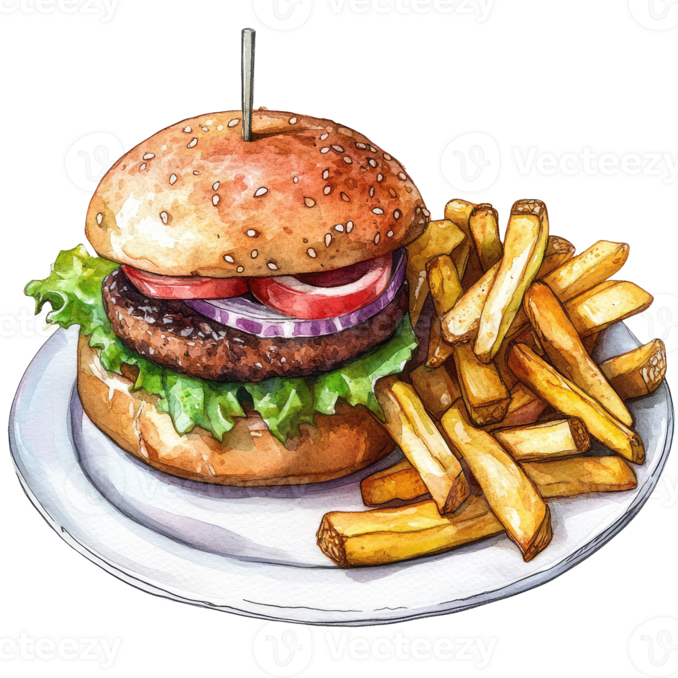 Delicious Hamburger with Fries on White Plate in Watercolor Style png