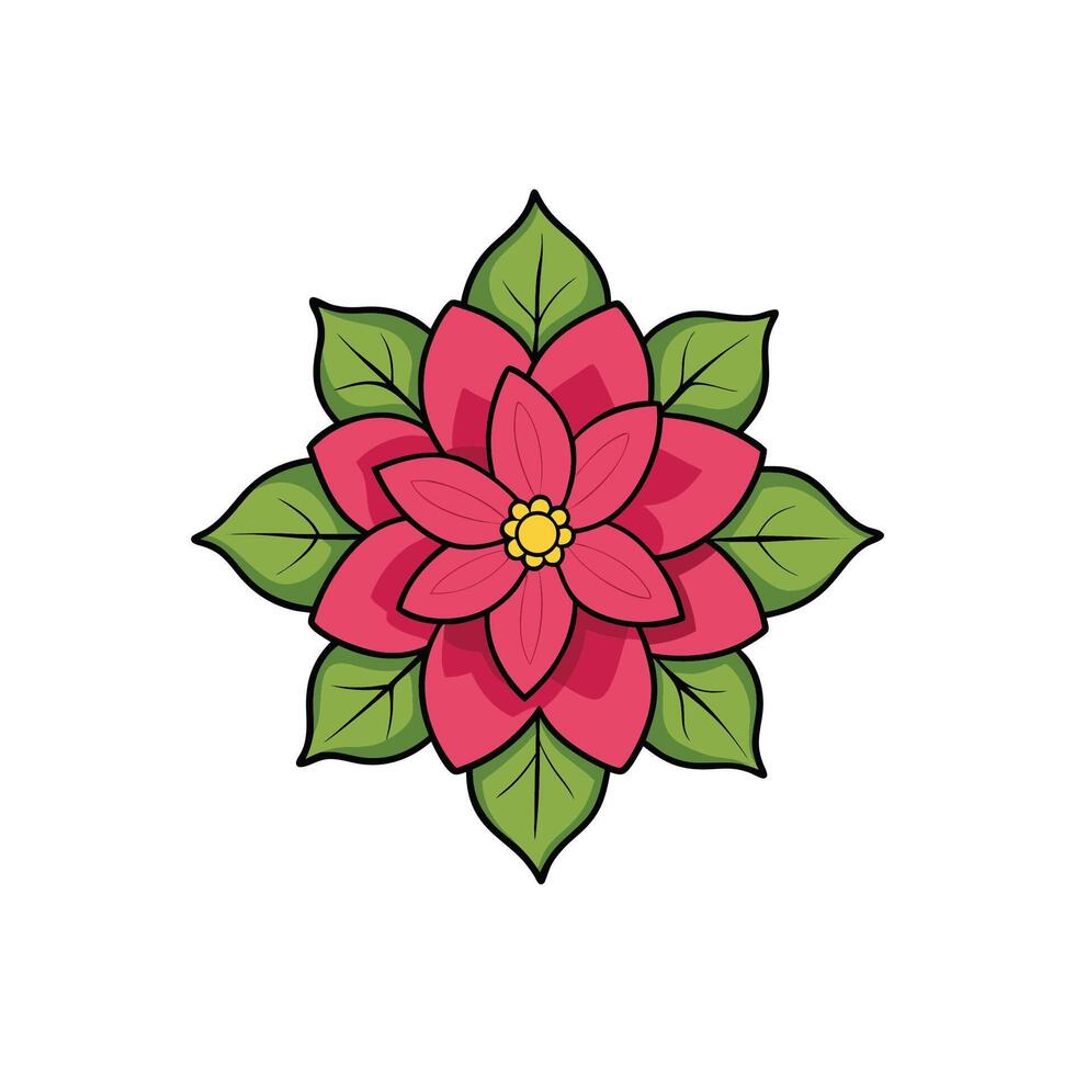 Stylized poinsettia flower illustration with red petals and green leaves vector