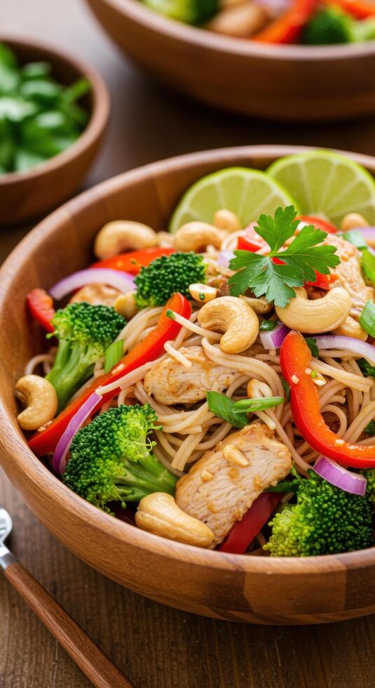 Delicious Chicken and Broccoli Noodle Bowl with Cashews a healthy and vibrant meal photo