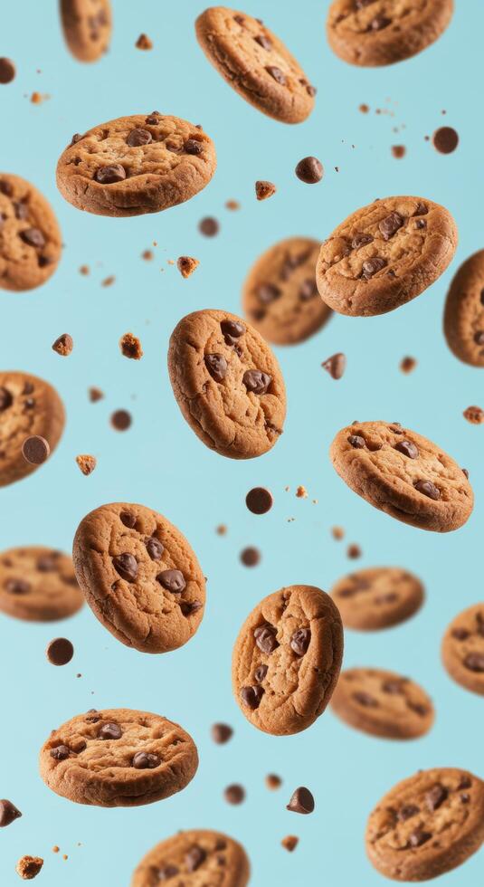 Delicious Chocolate Chip Cookies Falling on Blue Background Sweet Treats Food Photography photo