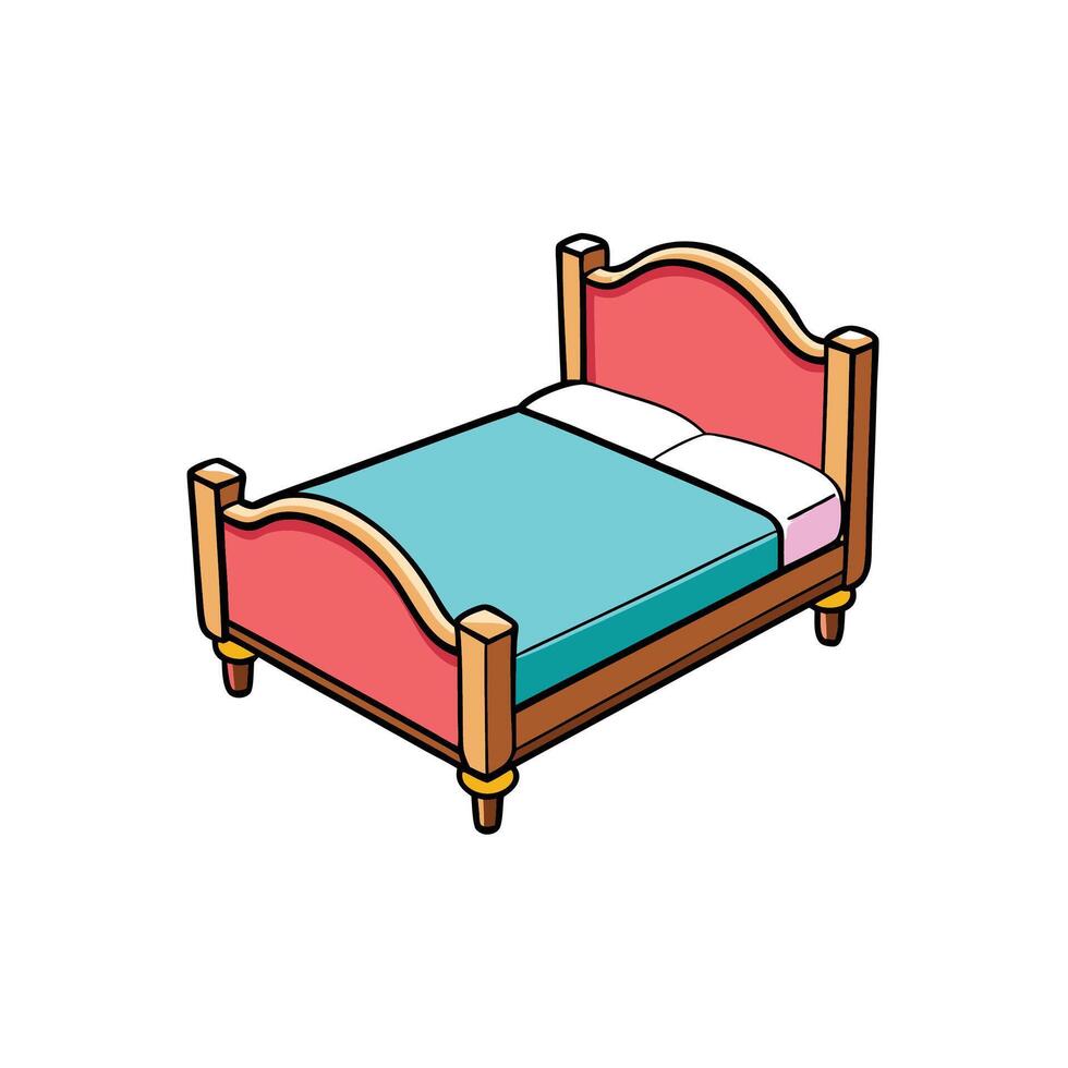 Stylized Cartoon Bed with Teal Cover and White Pillows vector