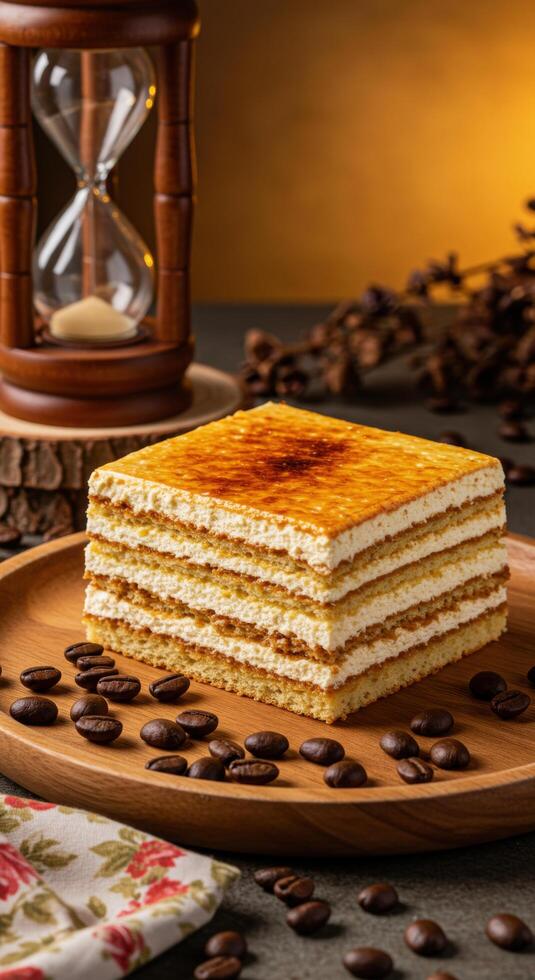 Delicious layered coffee cake dessert on wooden plate with coffee beans and hourglass photo