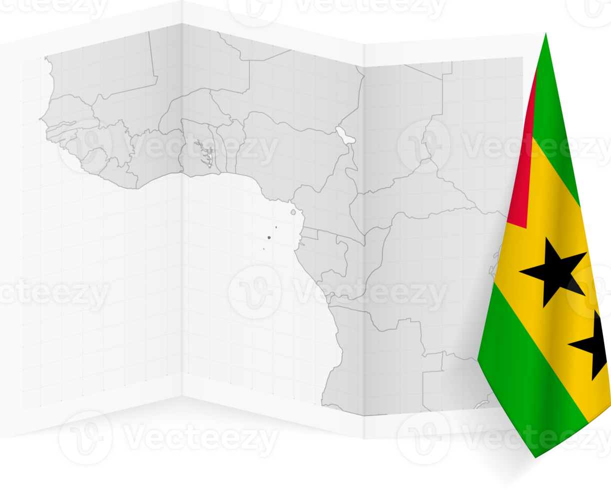 Sao Tome and Principe grayscale map and hanging flag. png