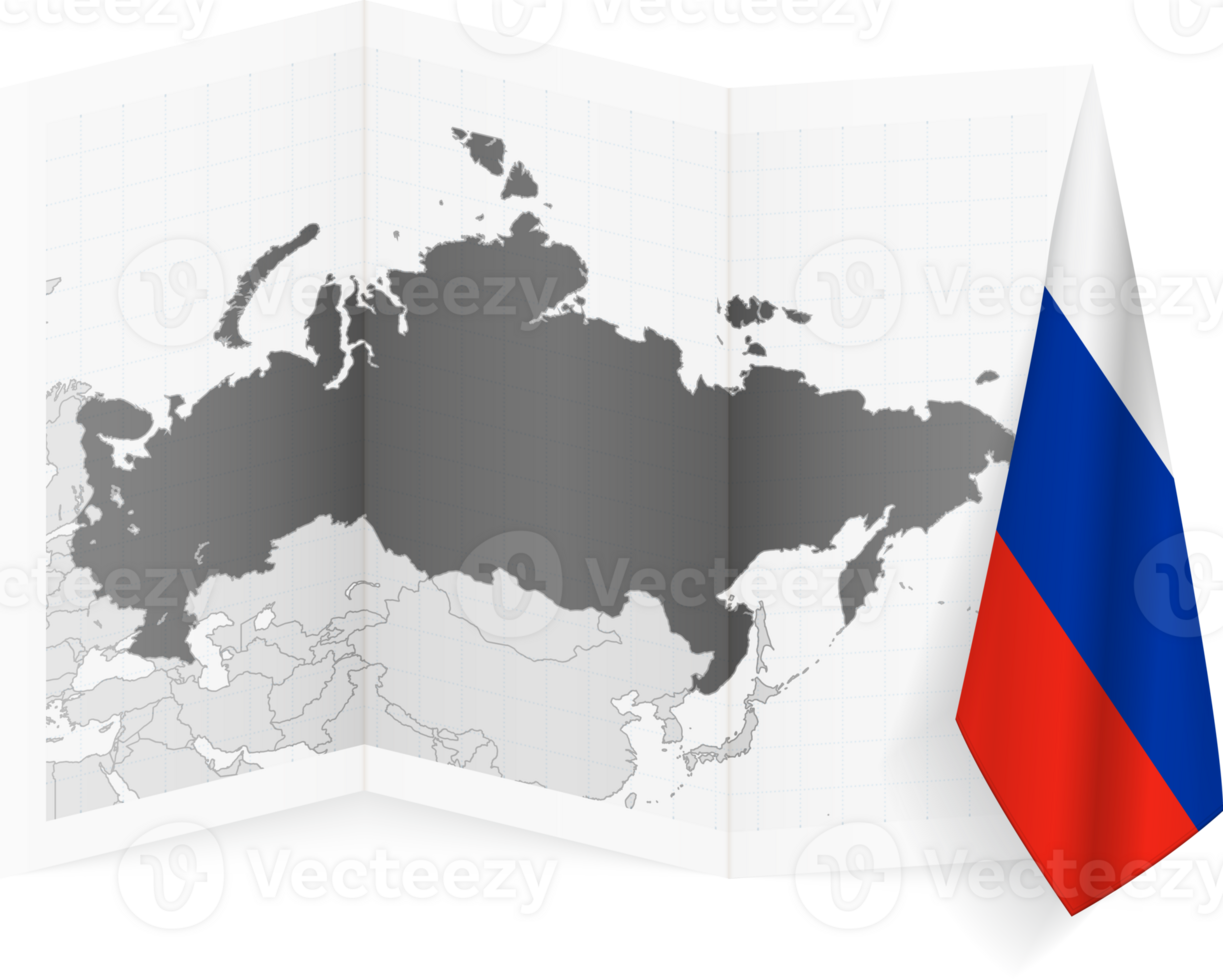 Russia grayscale map and hanging flag. png