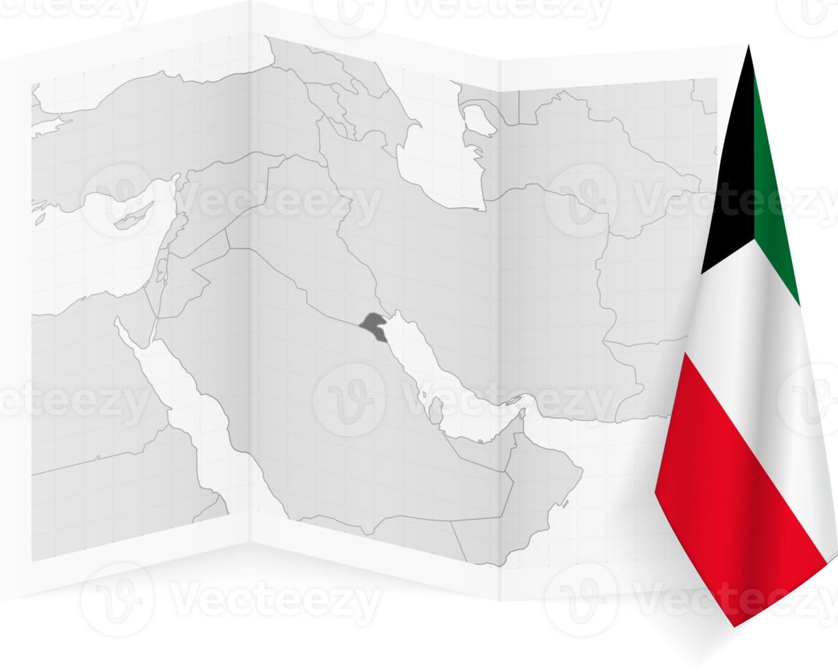 Kuwait grayscale map and hanging flag. png