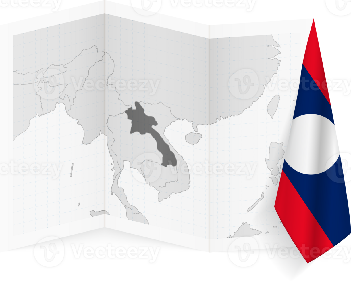 Laos grayscale map and hanging flag. png