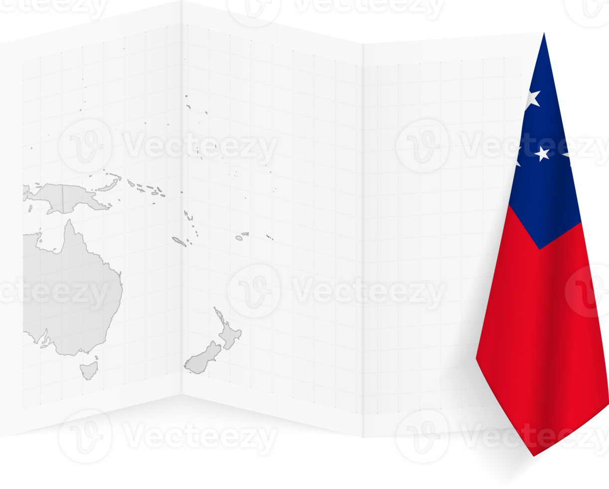 Samoa grayscale map and hanging flag. png