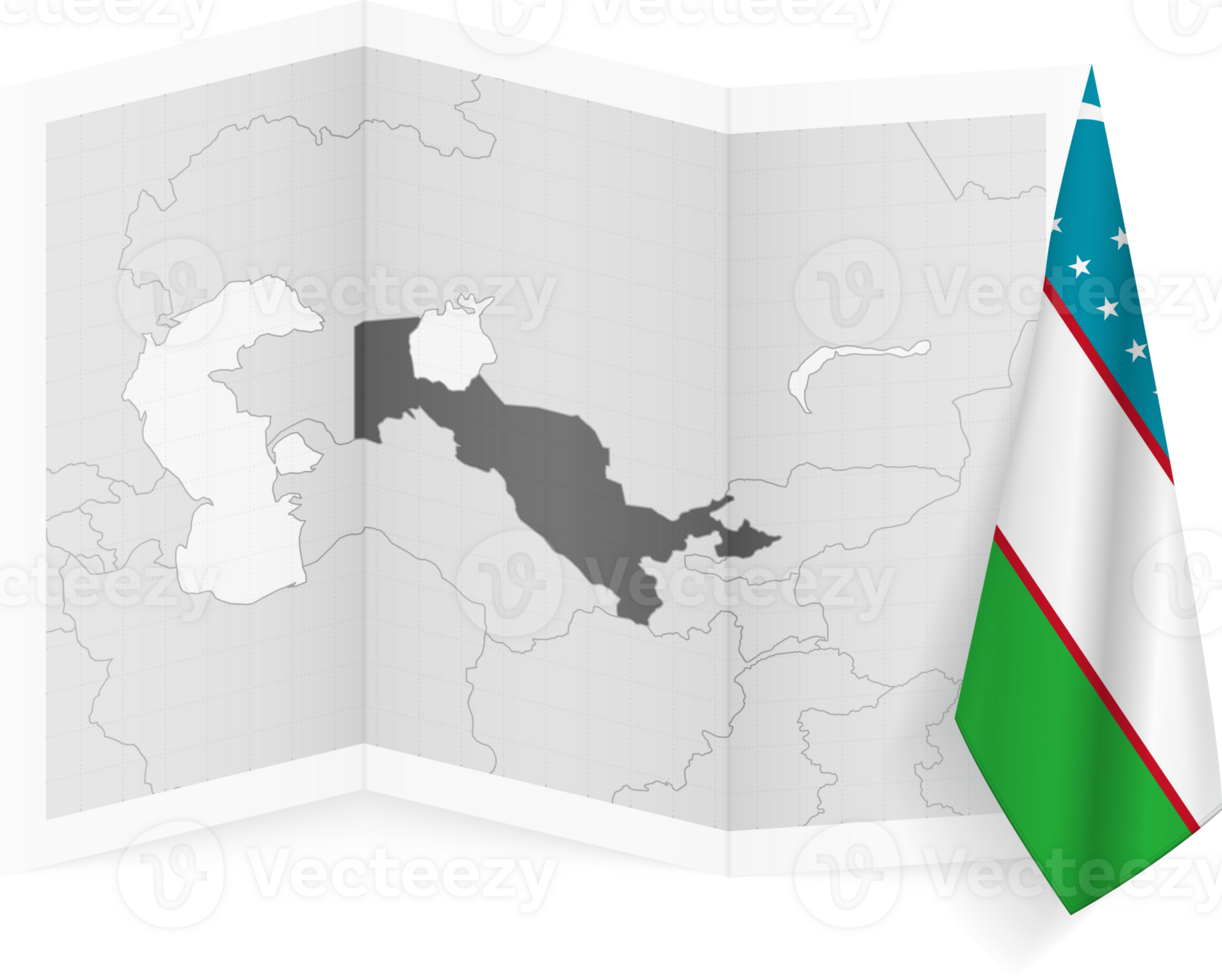 Uzbekistan grayscale map and hanging flag. png