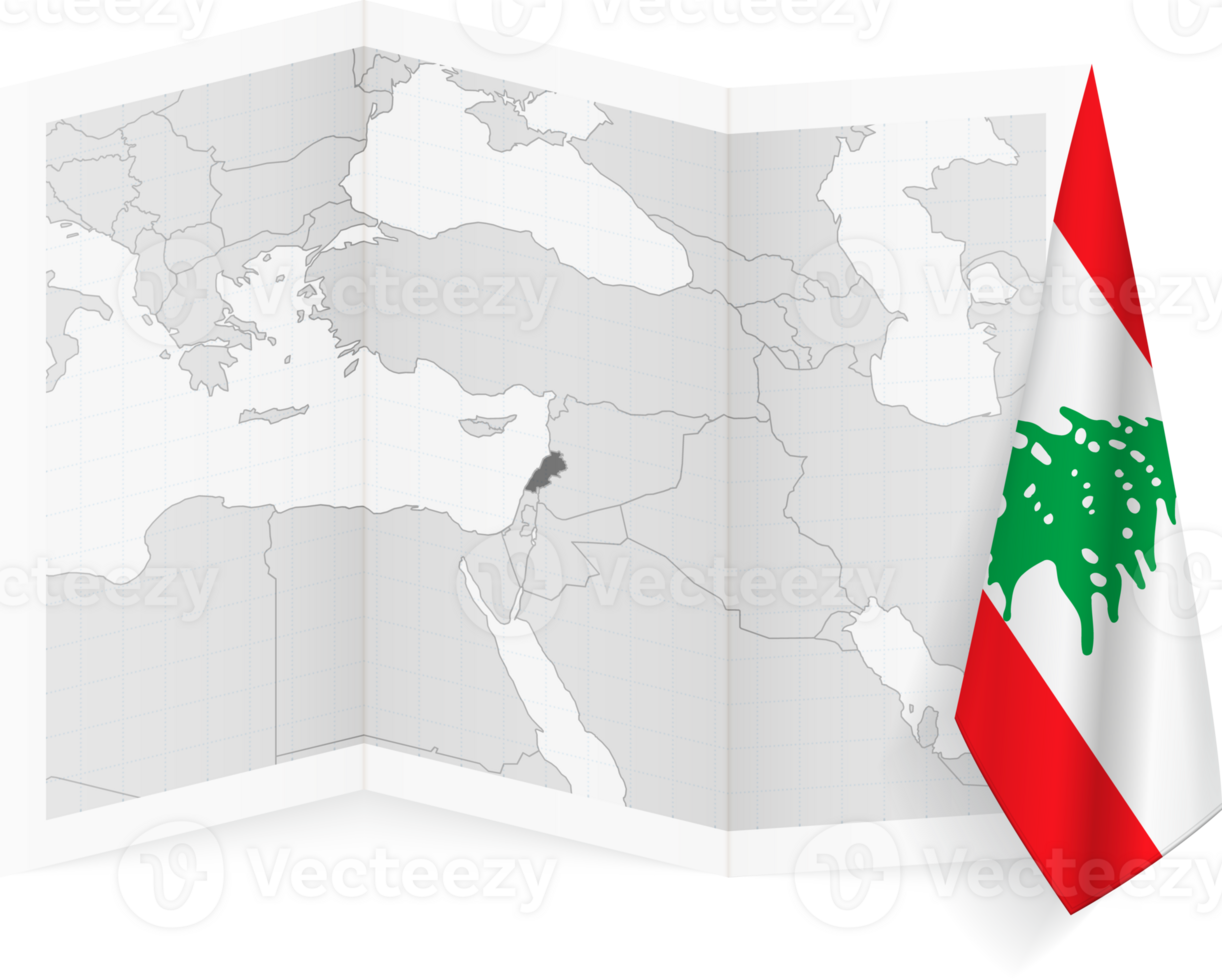 Lebanon grayscale map and hanging flag. png