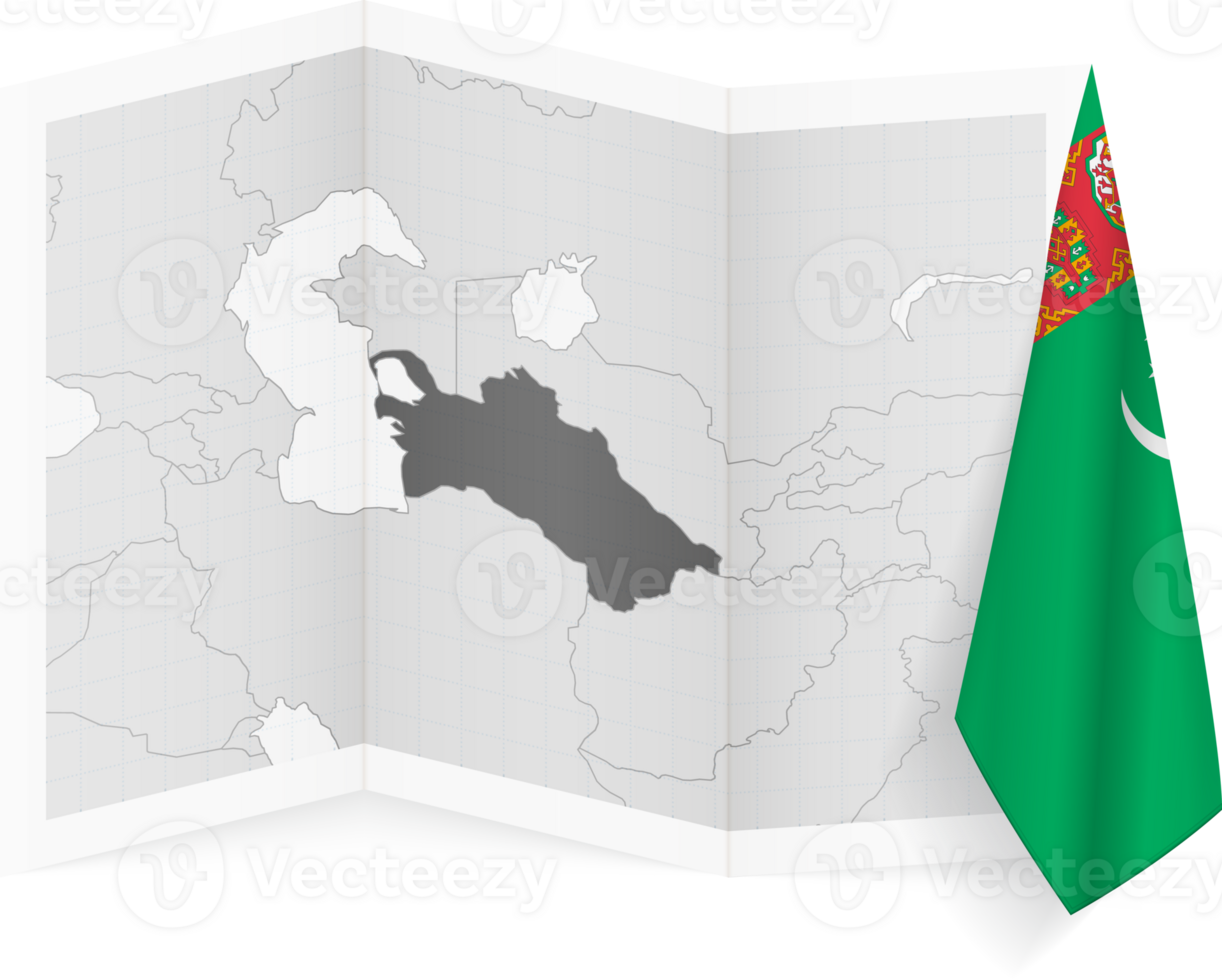 Turkmenistan grayscale map and hanging flag. png