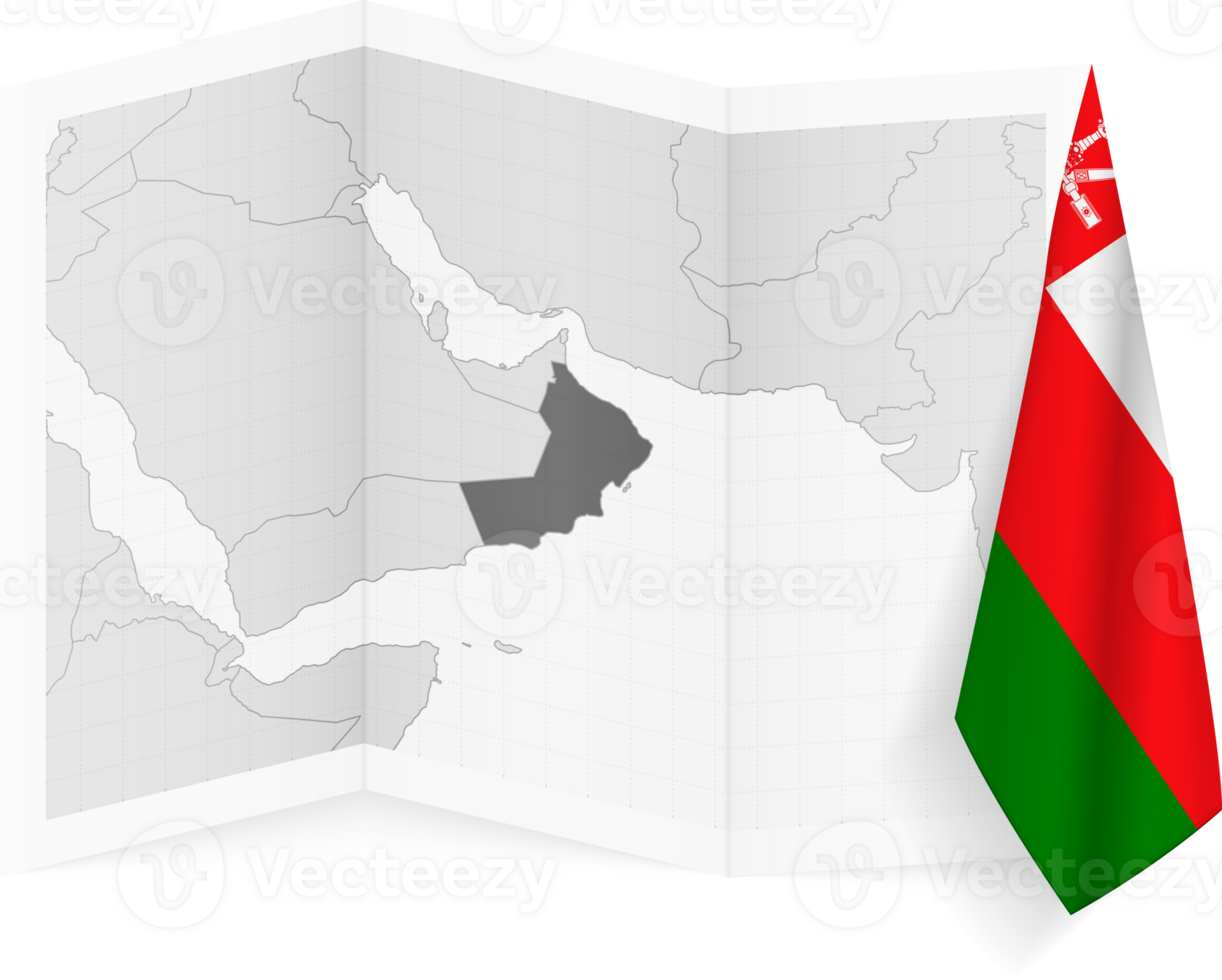 Oman grayscale map and hanging flag. png