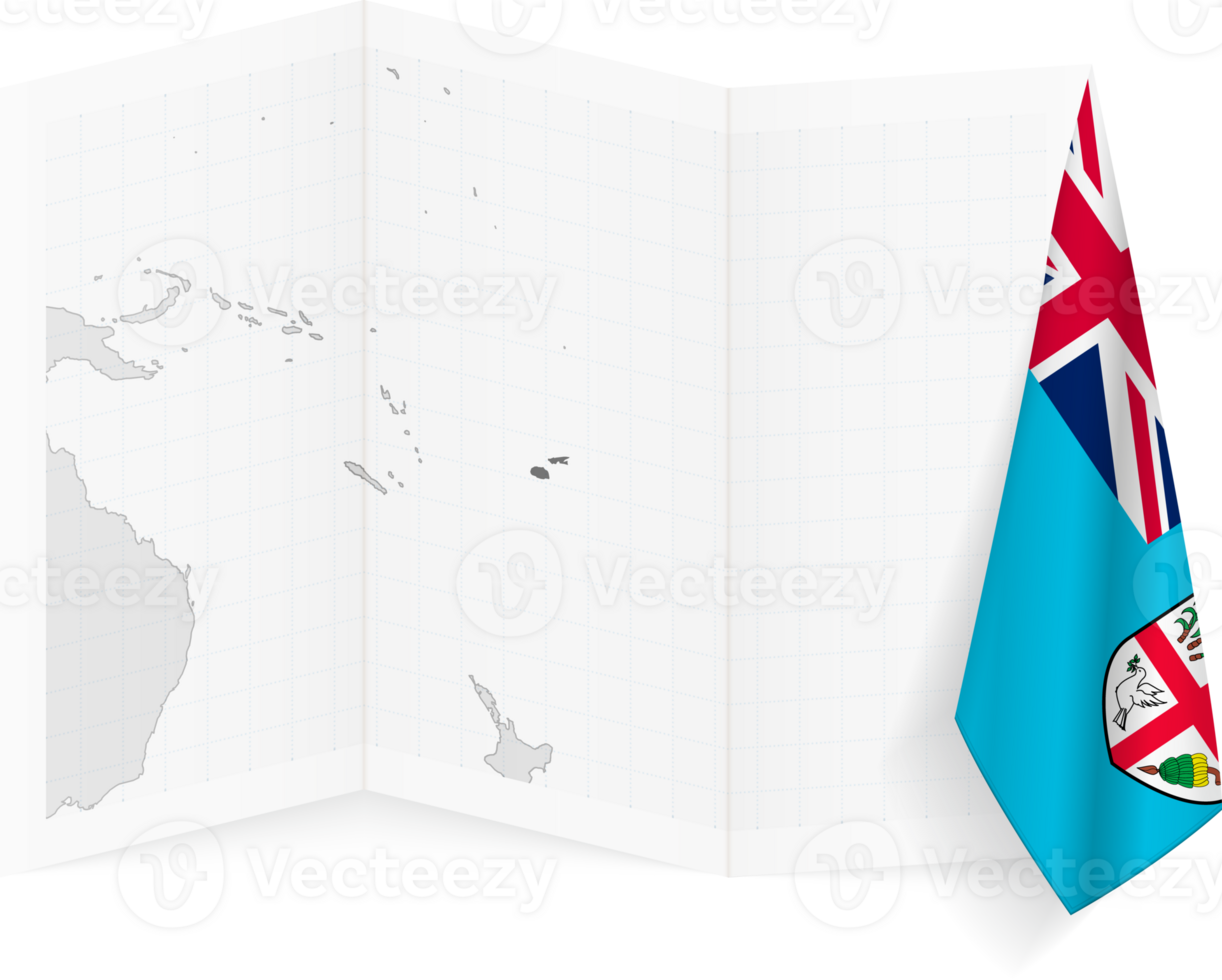 Fiji grayscale map and hanging flag. png